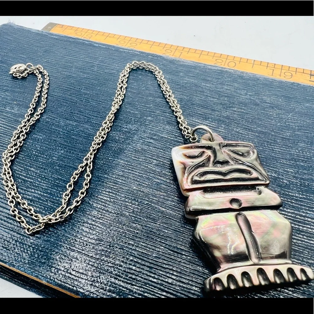 Vintage reversible carved mother of pearl tiki pendant tribal unique 18”